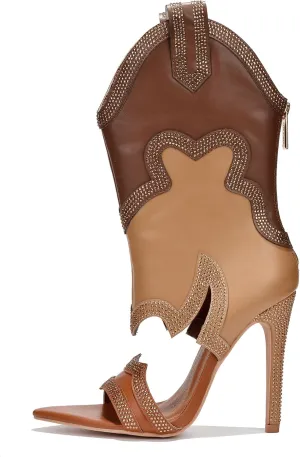 Cape Robbin Nayaye Stiletto Fashion Western Booties for Women, Women's Open Toe Mid-calf Boots with Faux Rhinestone