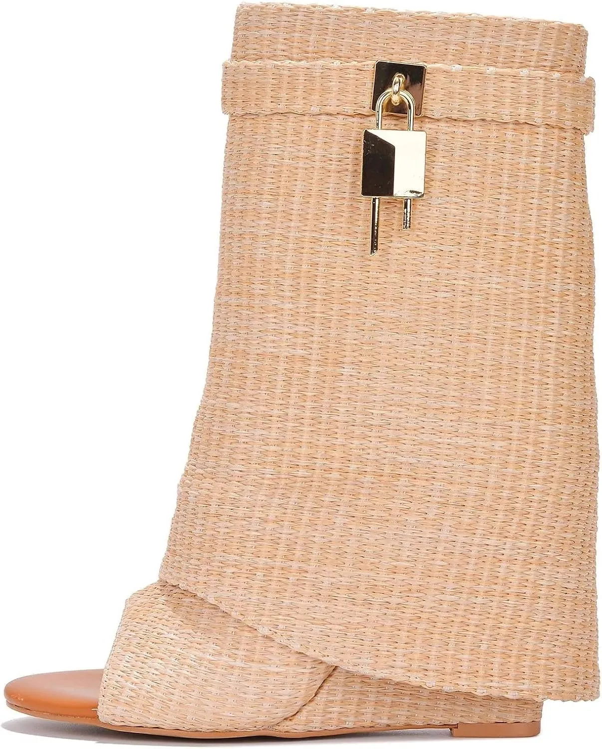 Cape Robbin Women Fold Over Boots, Wedge Heel Mid Calf Ankle Boot with Padlock