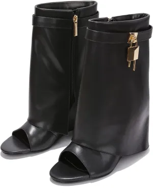 Cape Robbin Women Fold Over Boots, Wedge Heel Mid Calf Ankle Boot with Padlock