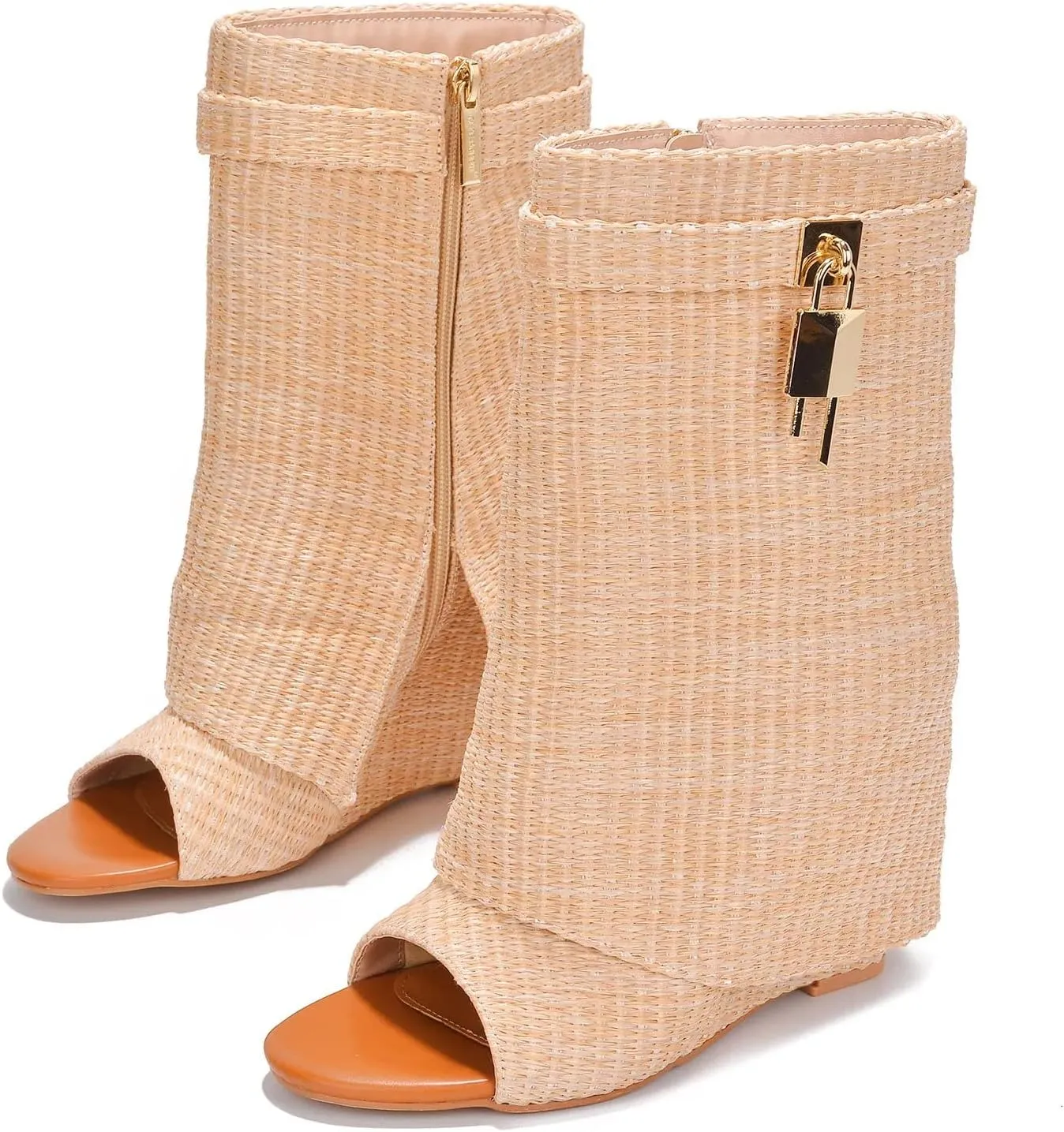 Cape Robbin Women Fold Over Boots, Wedge Heel Mid Calf Ankle Boot with Padlock