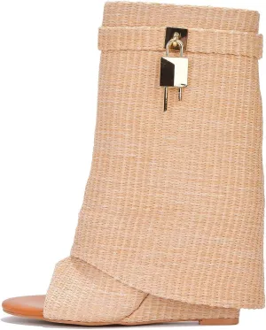 Cape Robbin Women Fold Over Boots, Wedge Heel Mid Calf Ankle Boot with Padlock