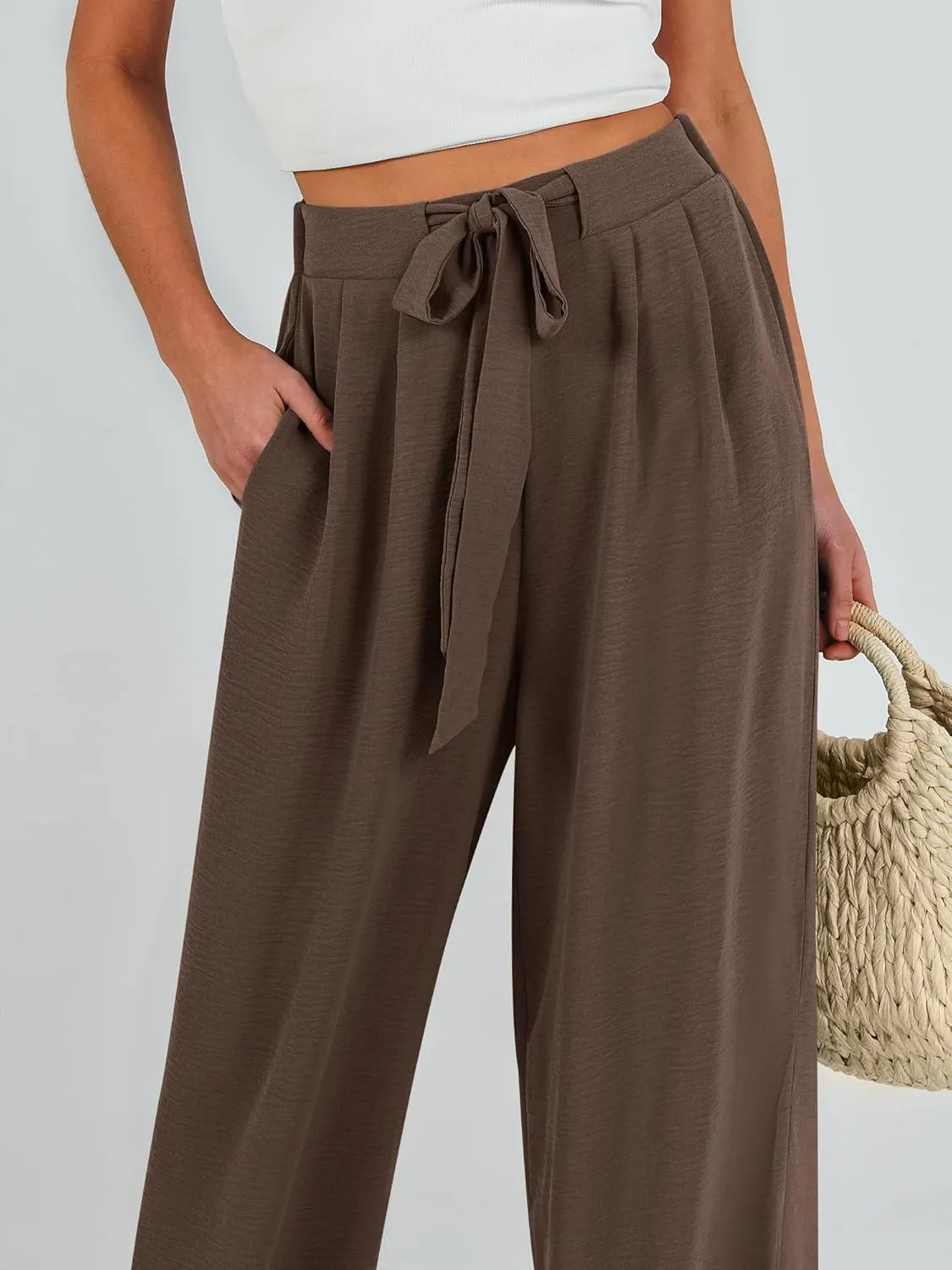 Caracilia Women Wide Leg Palazzo Pants Summer High Waist Flowy Casual Trousers Loose Lounge Beach Travel Vacation Clothes