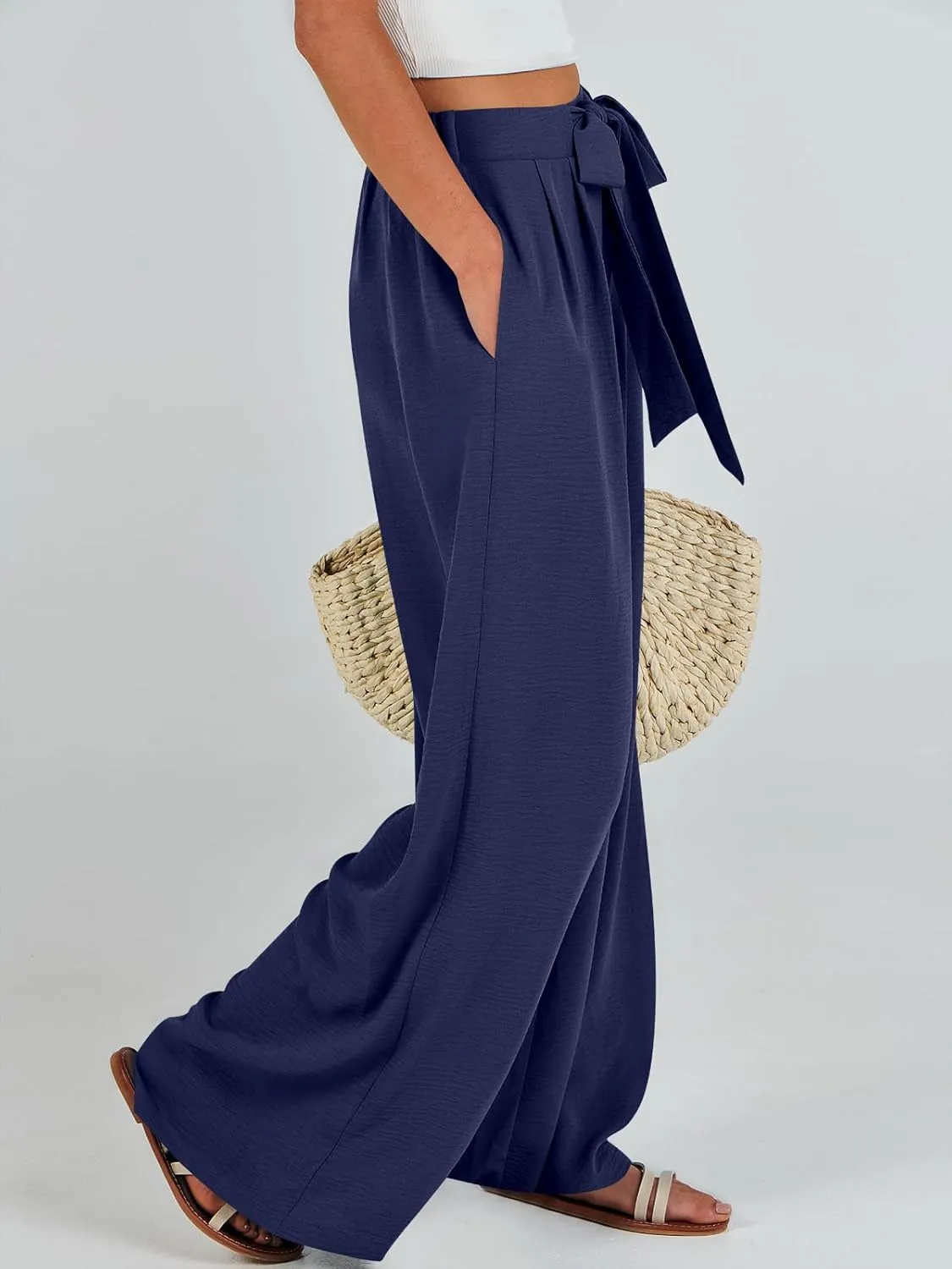 Caracilia Women Wide Leg Palazzo Pants Summer High Waist Flowy Casual Trousers Loose Lounge Beach Travel Vacation Clothes