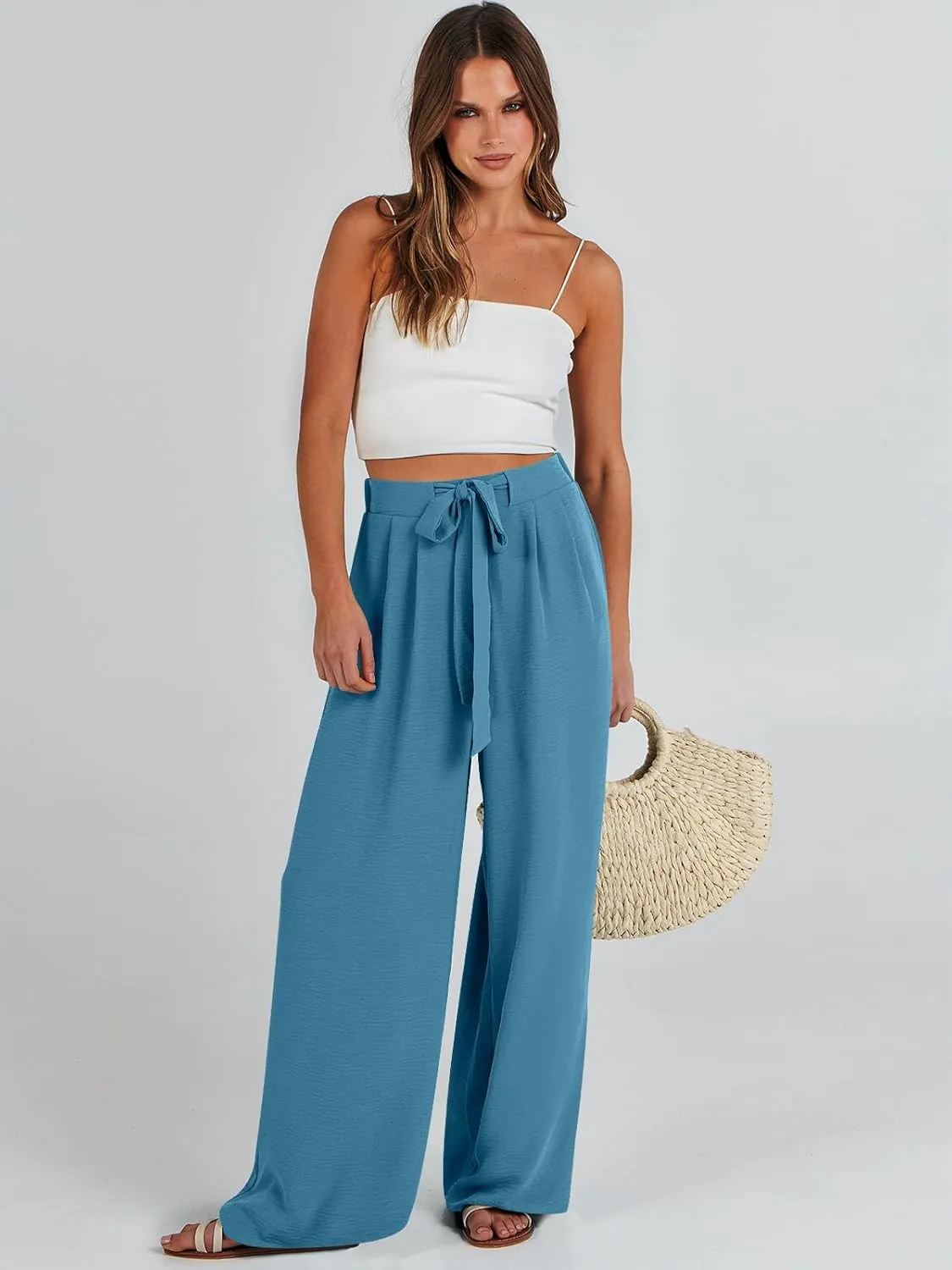 Caracilia Women Wide Leg Palazzo Pants Summer High Waist Flowy Casual Trousers Loose Lounge Beach Travel Vacation Clothes