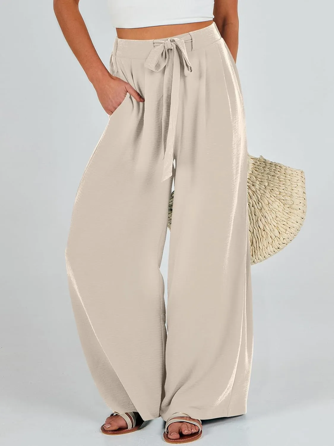 Caracilia Women Wide Leg Palazzo Pants Summer High Waist Flowy Casual Trousers Loose Lounge Beach Travel Vacation Clothes
