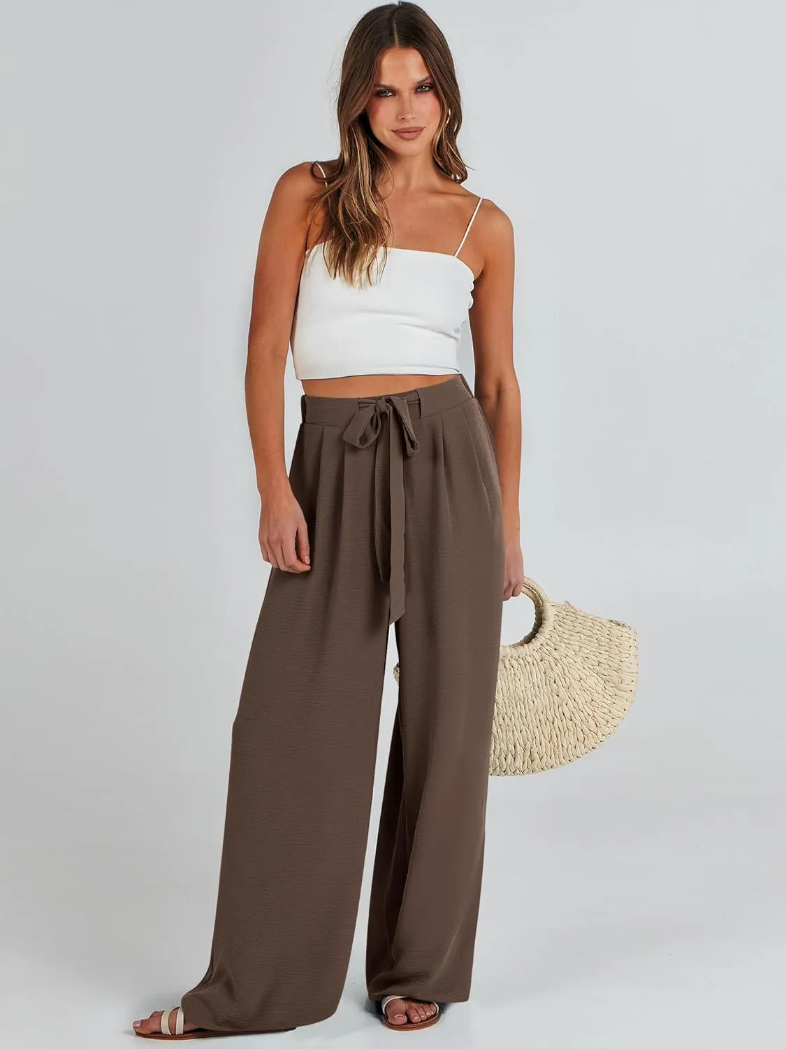 Caracilia Women Wide Leg Palazzo Pants Summer High Waist Flowy Casual Trousers Loose Lounge Beach Travel Vacation Clothes