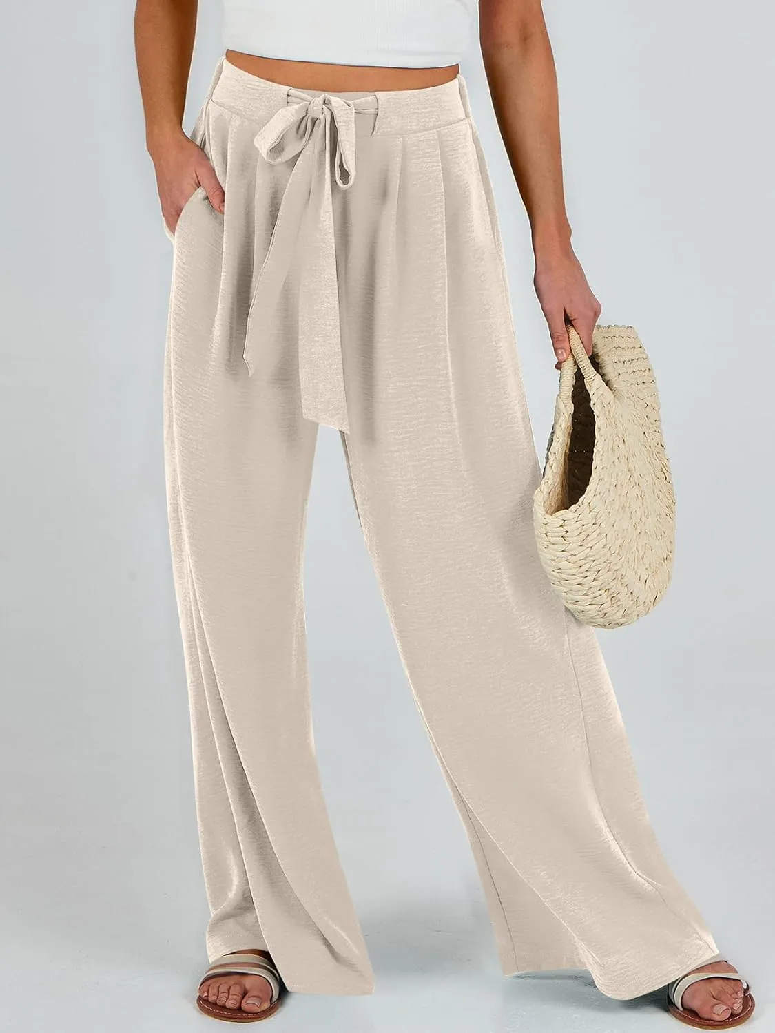 Caracilia Women Wide Leg Palazzo Pants Summer High Waist Flowy Casual Trousers Loose Lounge Beach Travel Vacation Clothes