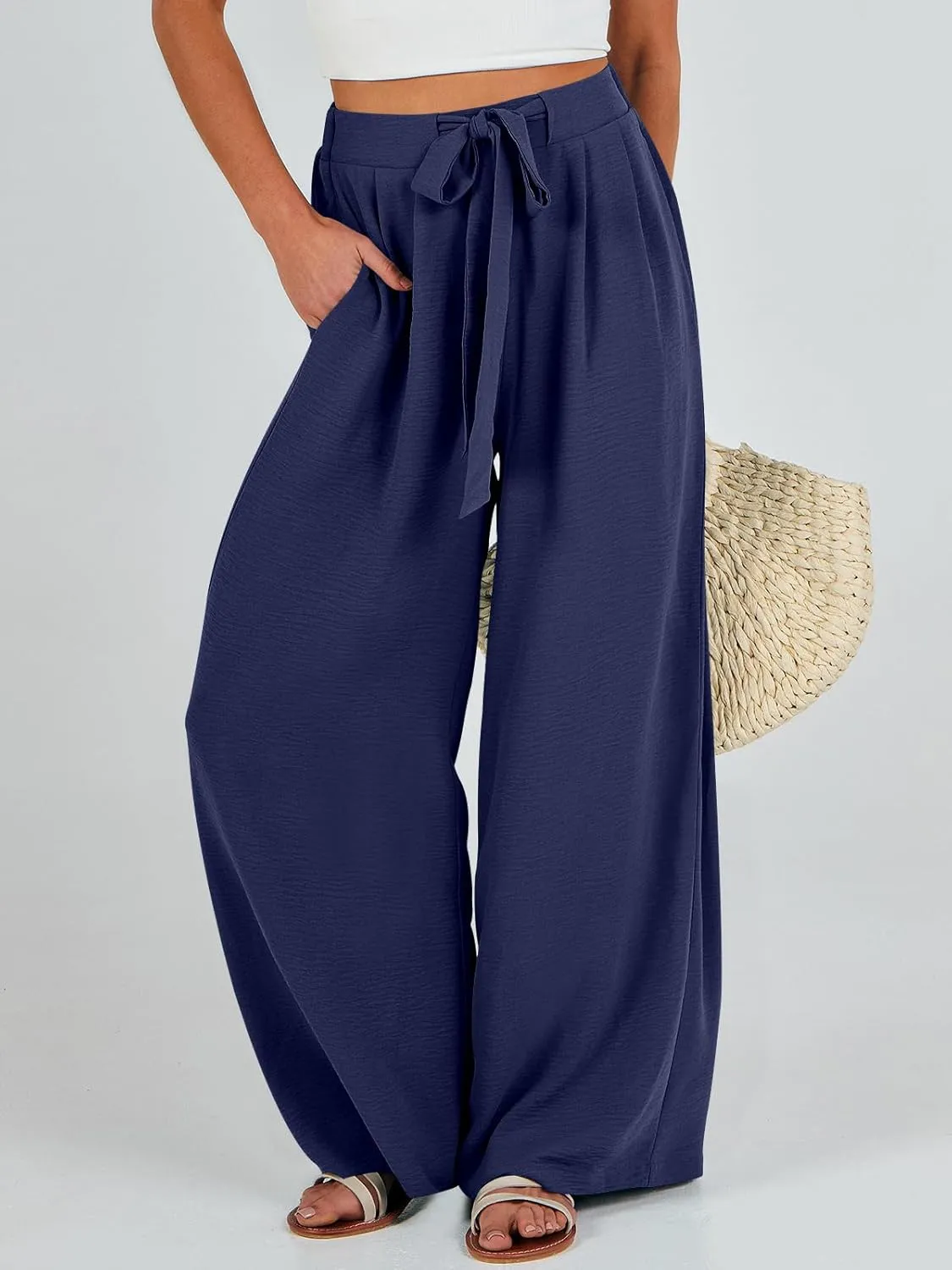 Caracilia Women Wide Leg Palazzo Pants Summer High Waist Flowy Casual Trousers Loose Lounge Beach Travel Vacation Clothes