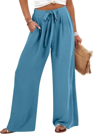 Caracilia Women Wide Leg Palazzo Pants Summer High Waist Flowy Casual Trousers Loose Lounge Beach Travel Vacation Clothes