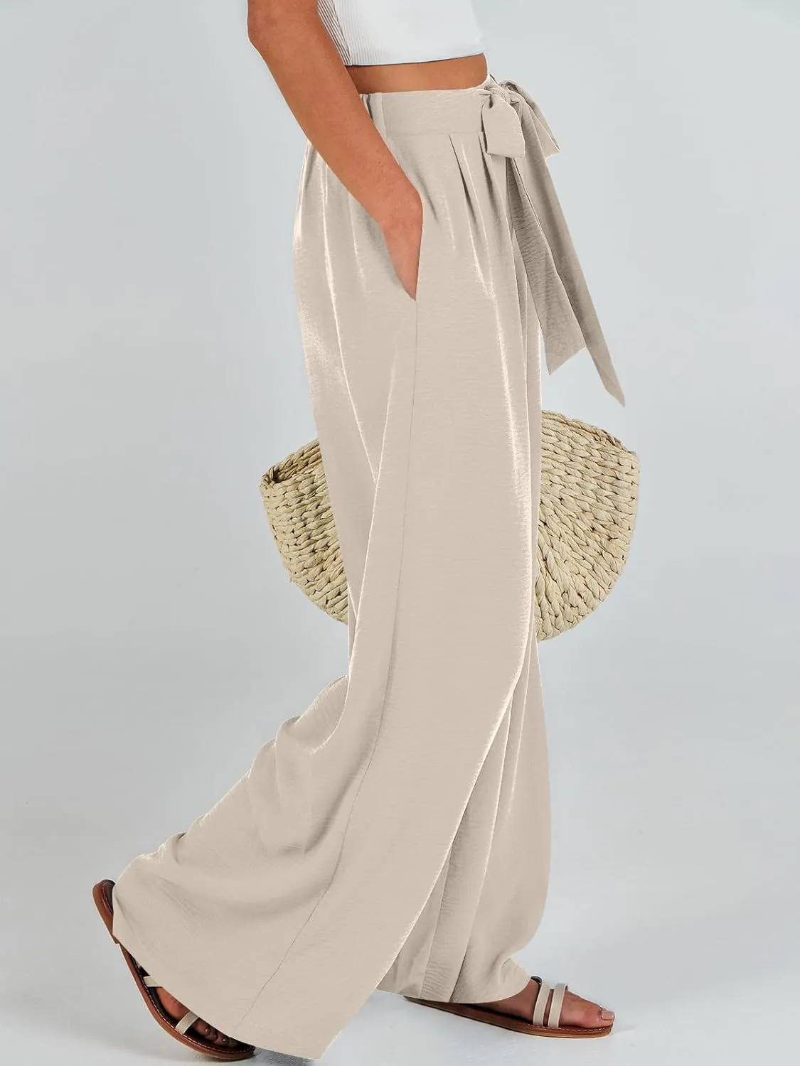 Caracilia Women Wide Leg Palazzo Pants Summer High Waist Flowy Casual Trousers Loose Lounge Beach Travel Vacation Clothes