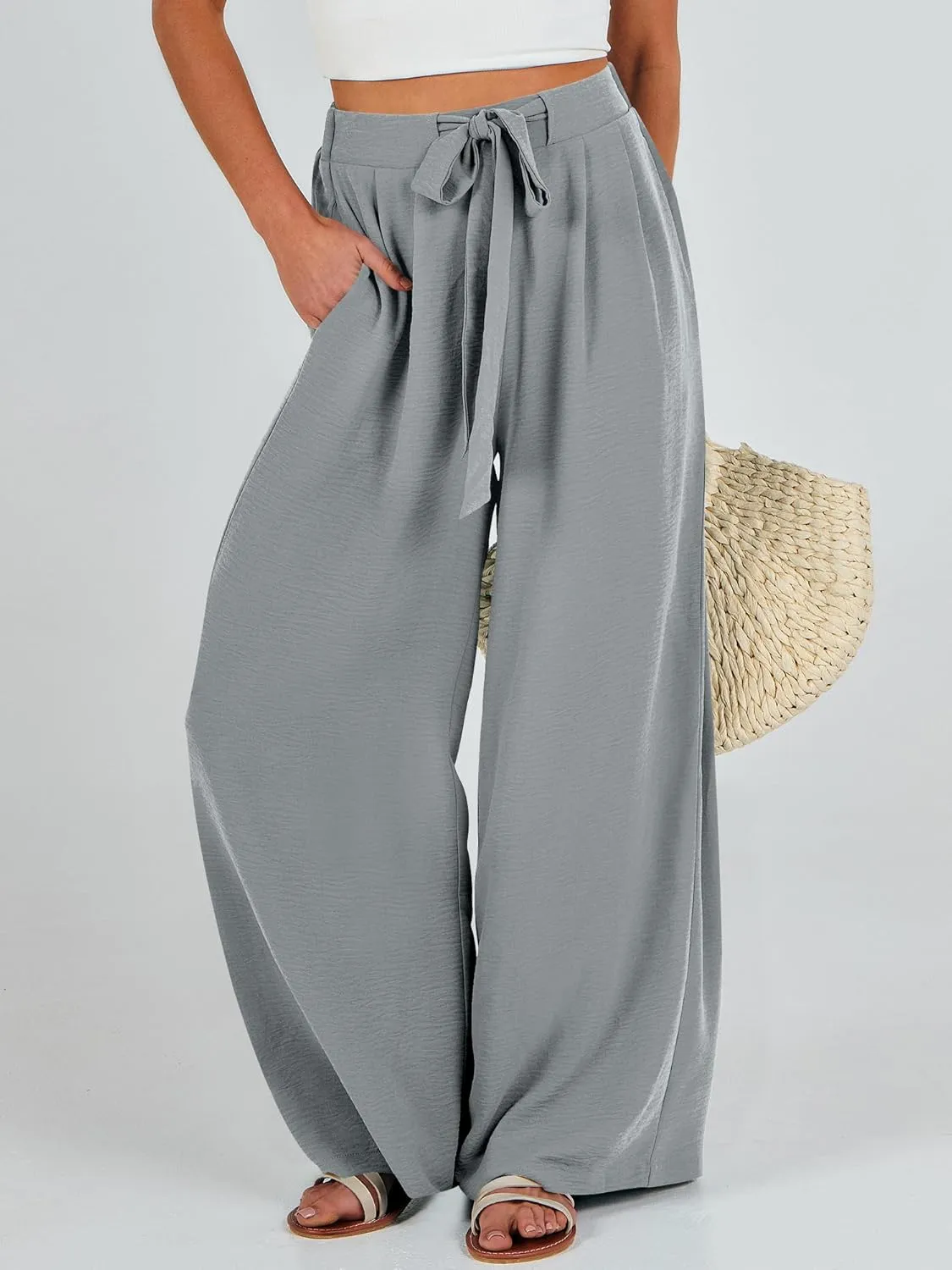 Caracilia Women Wide Leg Palazzo Pants Summer High Waist Flowy Casual Trousers Loose Lounge Beach Travel Vacation Clothes