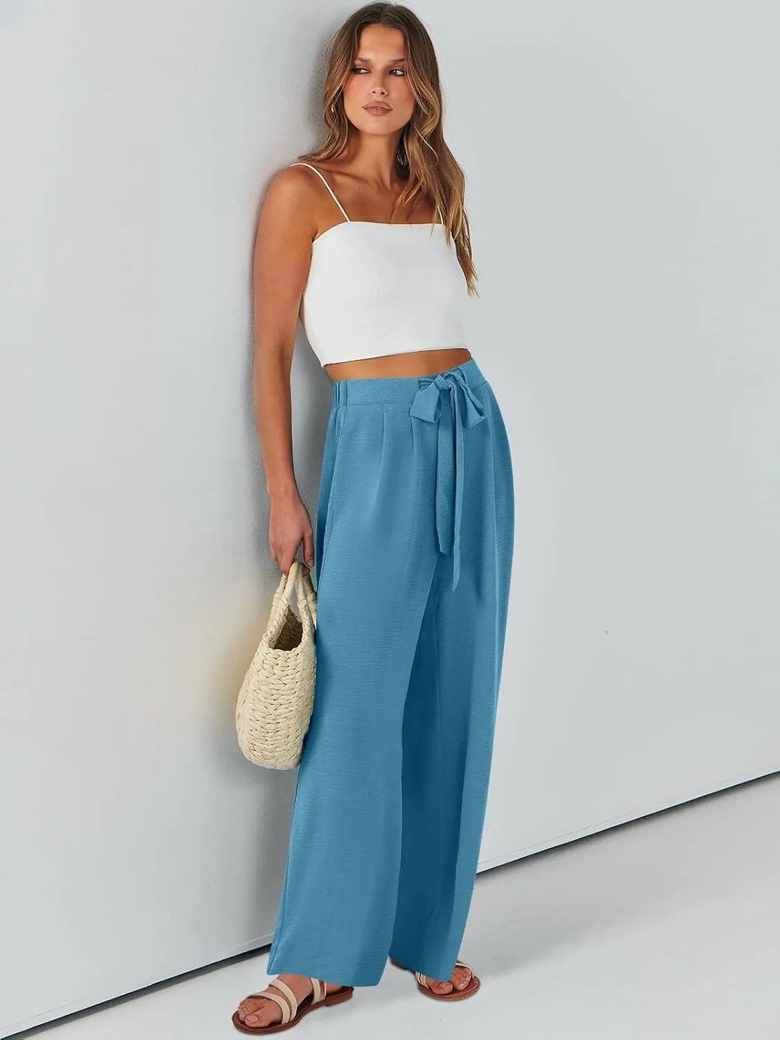 Caracilia Women Wide Leg Palazzo Pants Summer High Waist Flowy Casual Trousers Loose Lounge Beach Travel Vacation Clothes