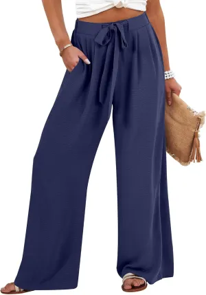 Caracilia Women Wide Leg Palazzo Pants Summer High Waist Flowy Casual Trousers Loose Lounge Beach Travel Vacation Clothes