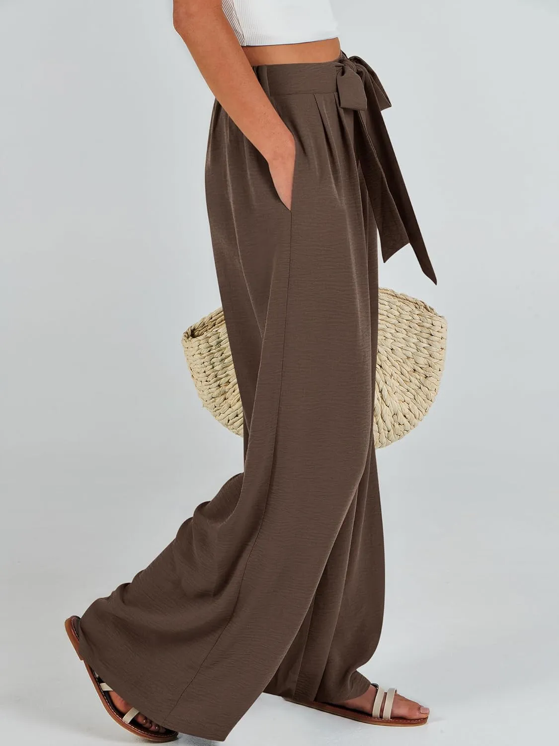 Caracilia Women Wide Leg Palazzo Pants Summer High Waist Flowy Casual Trousers Loose Lounge Beach Travel Vacation Clothes