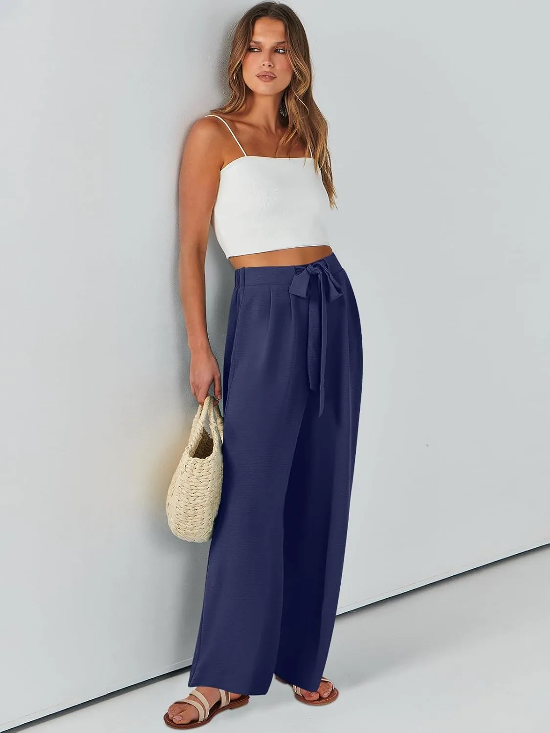 Caracilia Women Wide Leg Palazzo Pants Summer High Waist Flowy Casual Trousers Loose Lounge Beach Travel Vacation Clothes
