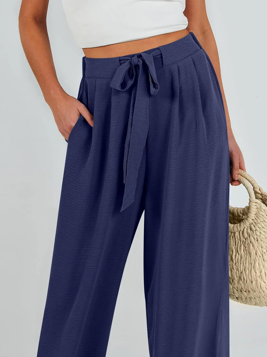 Caracilia Women Wide Leg Palazzo Pants Summer High Waist Flowy Casual Trousers Loose Lounge Beach Travel Vacation Clothes