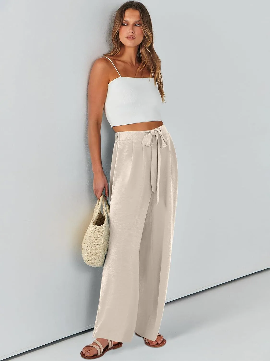 Caracilia Women Wide Leg Palazzo Pants Summer High Waist Flowy Casual Trousers Loose Lounge Beach Travel Vacation Clothes