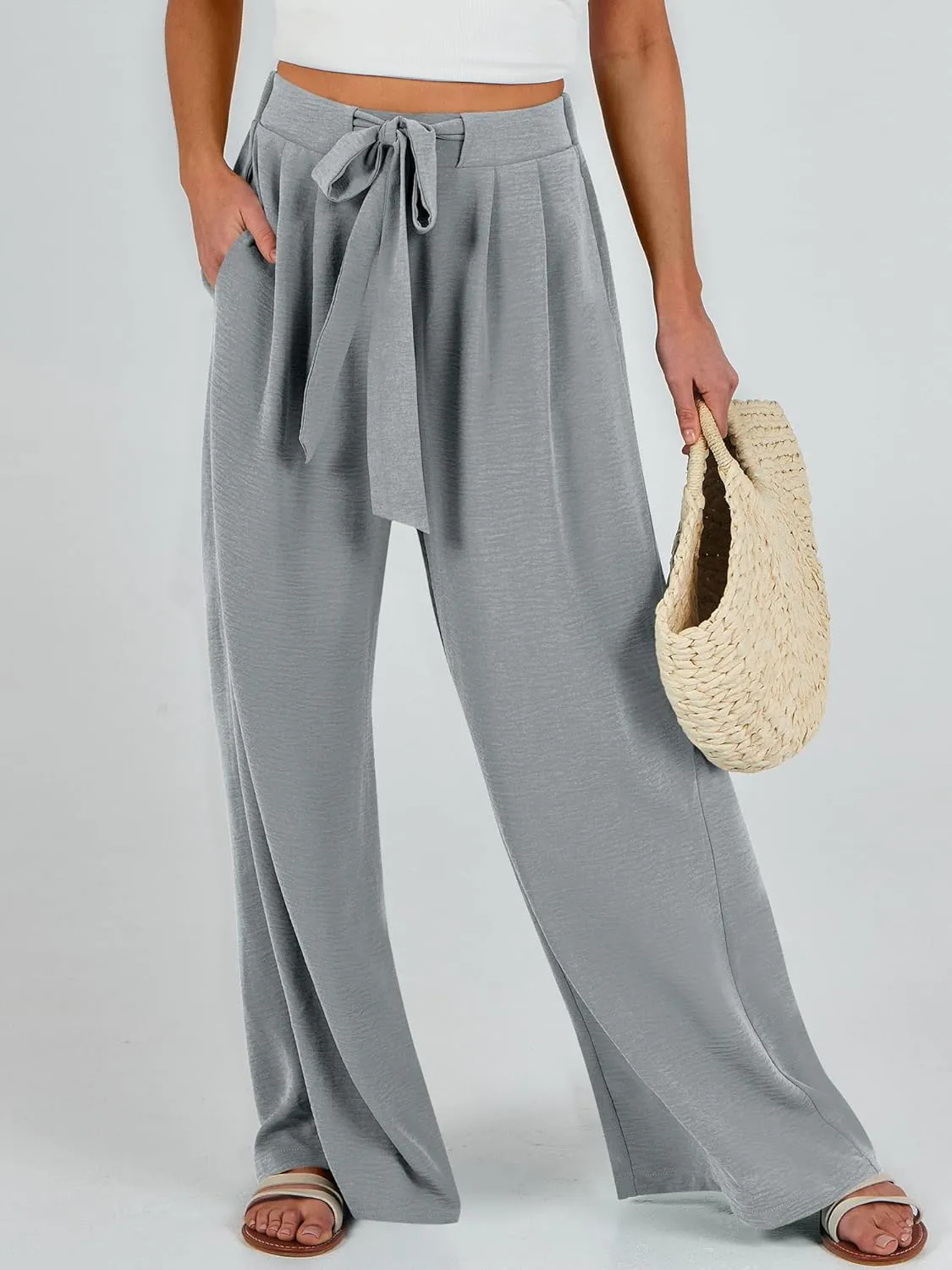 Caracilia Women Wide Leg Palazzo Pants Summer High Waist Flowy Casual Trousers Loose Lounge Beach Travel Vacation Clothes