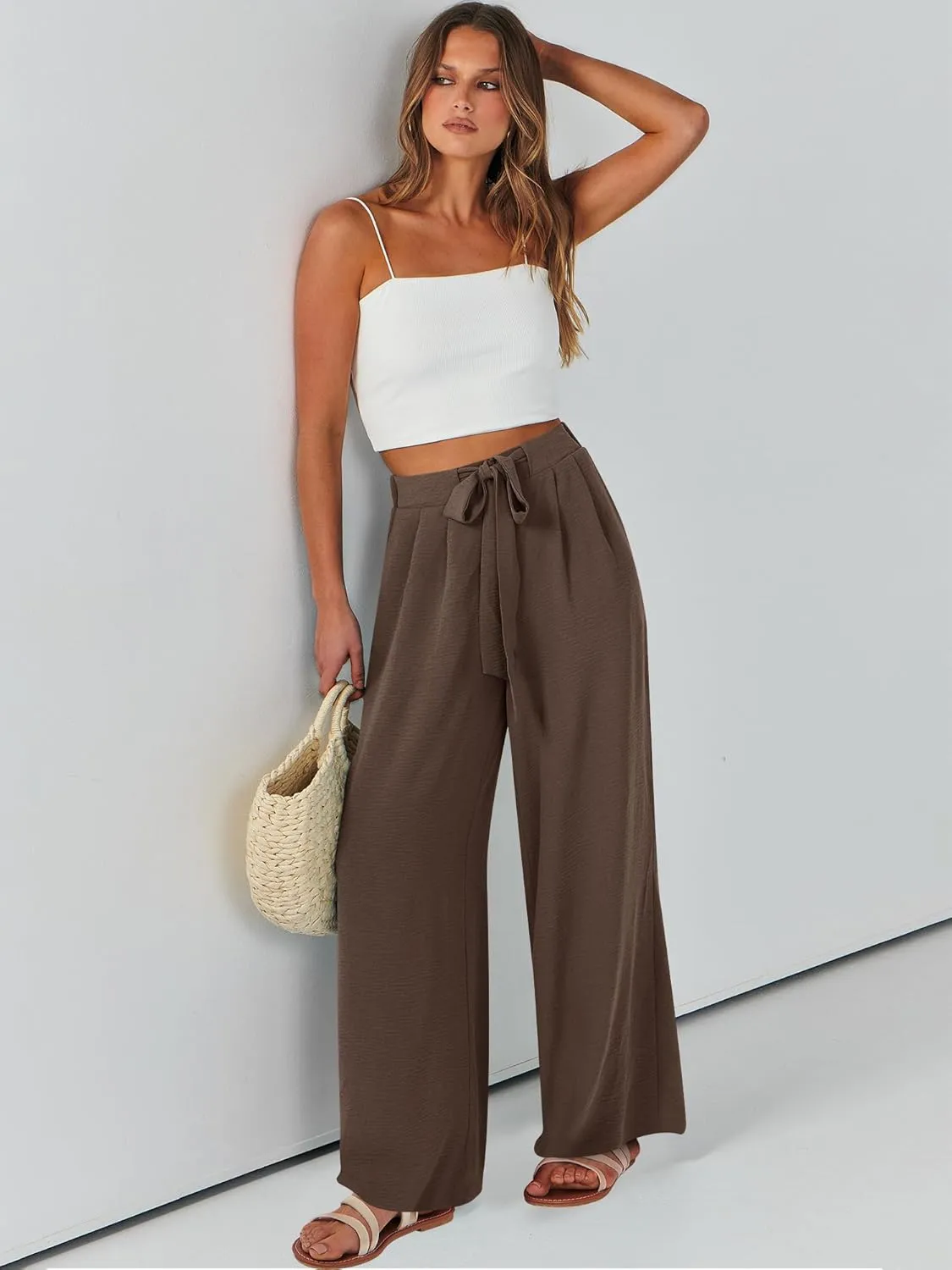 Caracilia Women Wide Leg Palazzo Pants Summer High Waist Flowy Casual Trousers Loose Lounge Beach Travel Vacation Clothes