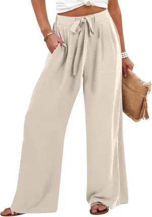Caracilia Women Wide Leg Palazzo Pants Summer High Waist Flowy Casual Trousers Loose Lounge Beach Travel Vacation Clothes