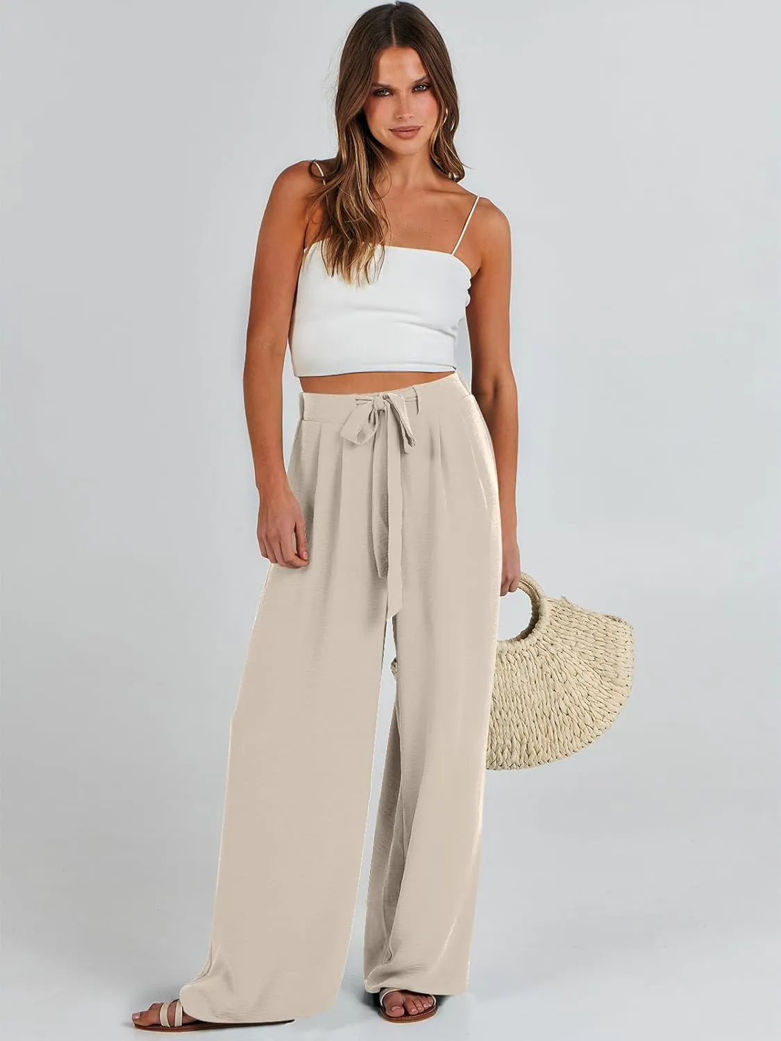 Caracilia Women Wide Leg Palazzo Pants Summer High Waist Flowy Casual Trousers Loose Lounge Beach Travel Vacation Clothes