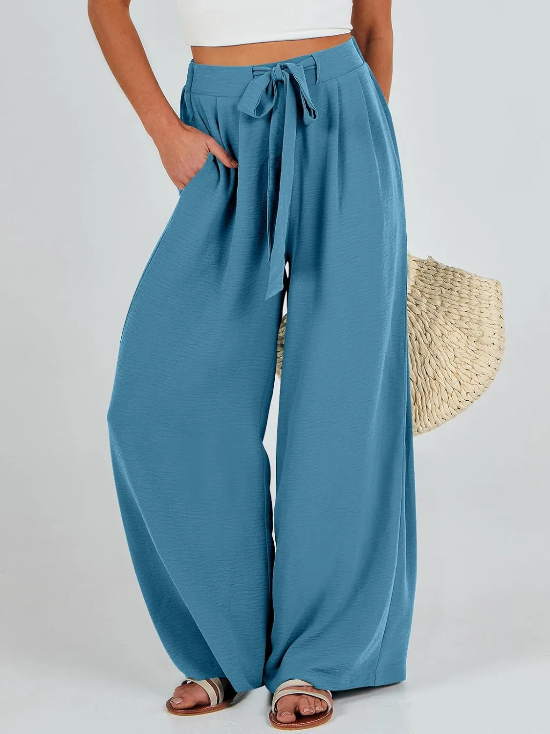 Caracilia Women Wide Leg Palazzo Pants Summer High Waist Flowy Casual Trousers Loose Lounge Beach Travel Vacation Clothes