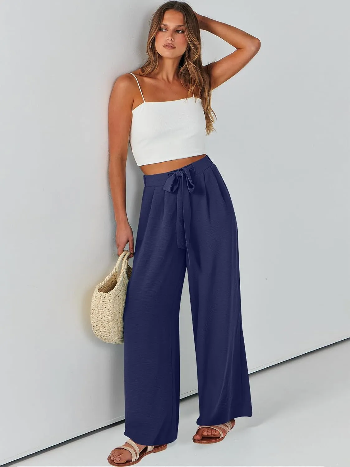 Caracilia Women Wide Leg Palazzo Pants Summer High Waist Flowy Casual Trousers Loose Lounge Beach Travel Vacation Clothes
