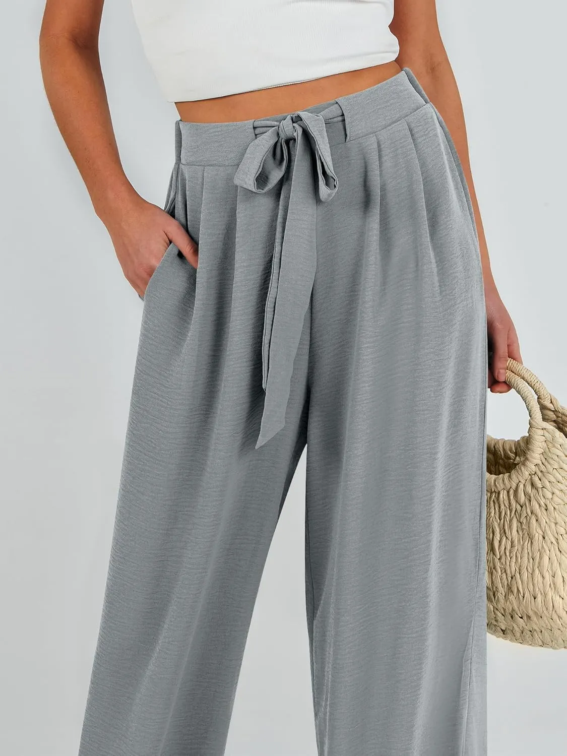 Caracilia Women Wide Leg Palazzo Pants Summer High Waist Flowy Casual Trousers Loose Lounge Beach Travel Vacation Clothes