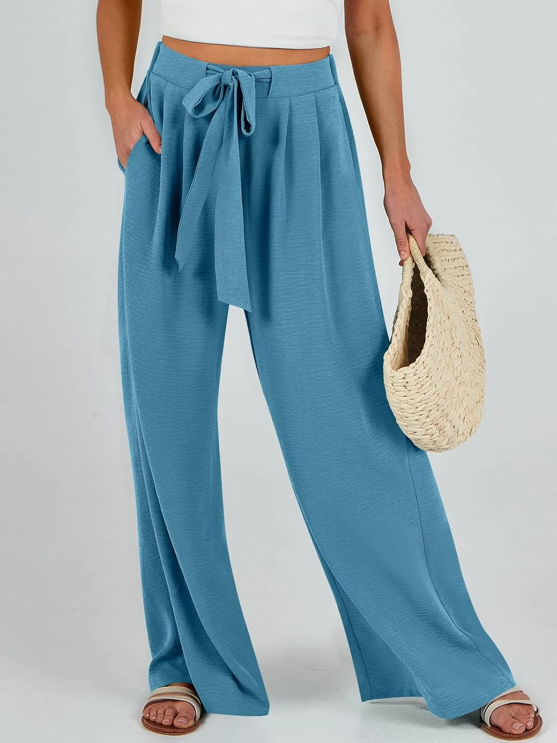 Caracilia Women Wide Leg Palazzo Pants Summer High Waist Flowy Casual Trousers Loose Lounge Beach Travel Vacation Clothes