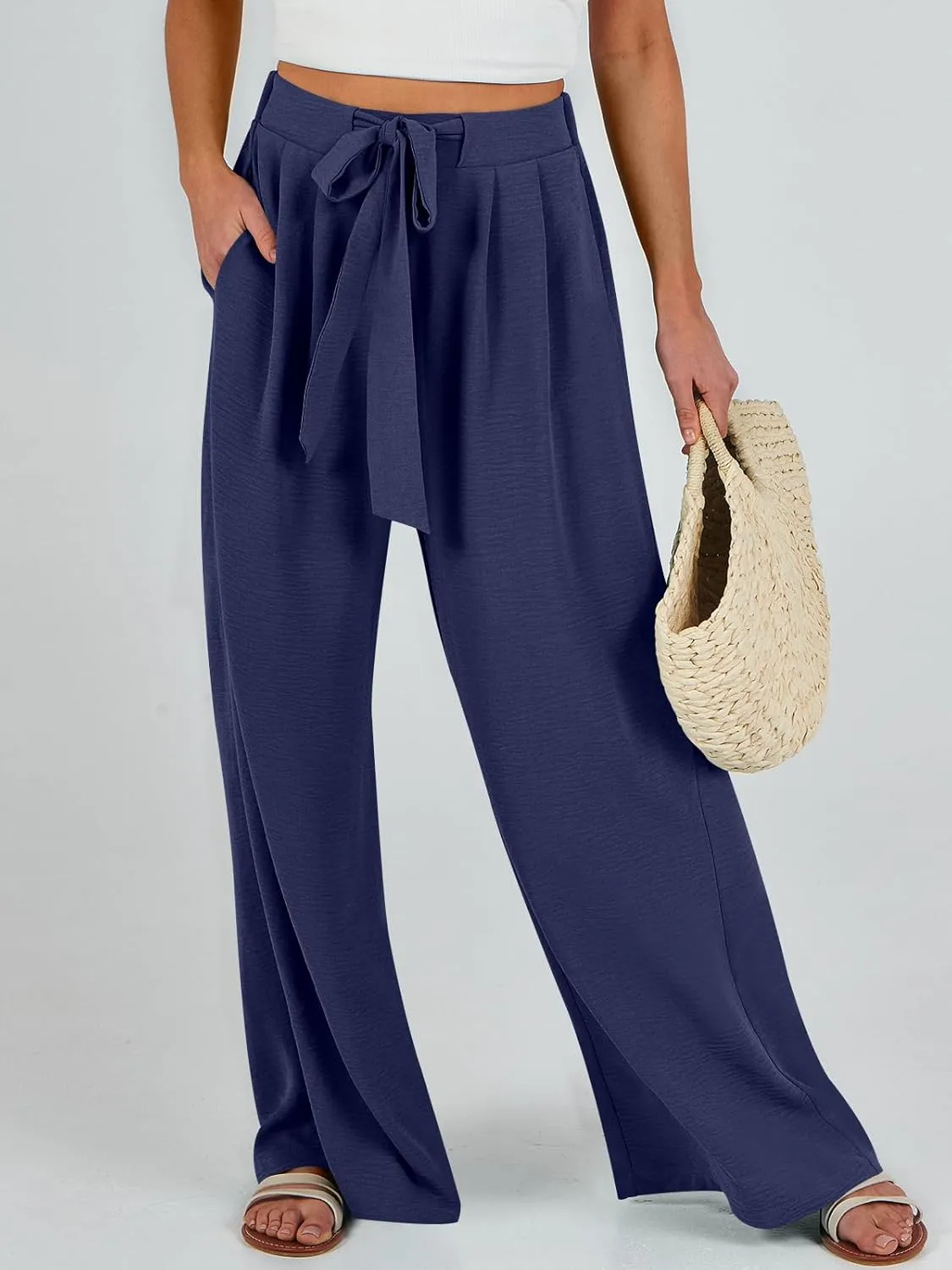 Caracilia Women Wide Leg Palazzo Pants Summer High Waist Flowy Casual Trousers Loose Lounge Beach Travel Vacation Clothes
