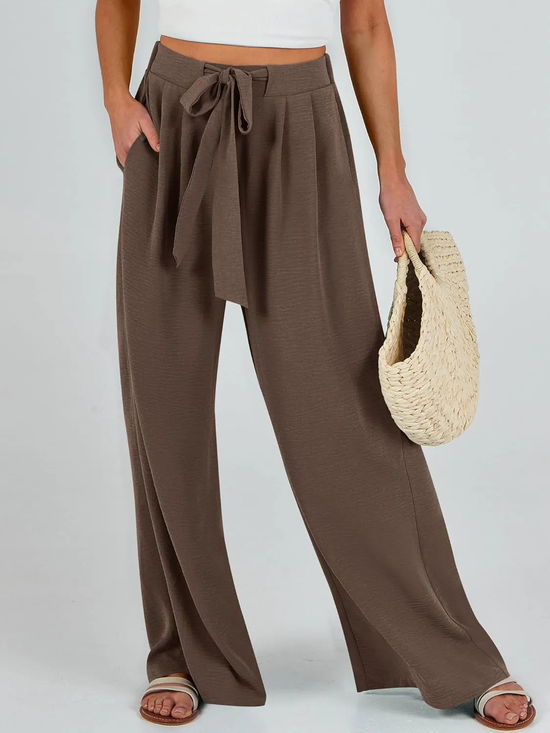 Caracilia Women Wide Leg Palazzo Pants Summer High Waist Flowy Casual Trousers Loose Lounge Beach Travel Vacation Clothes