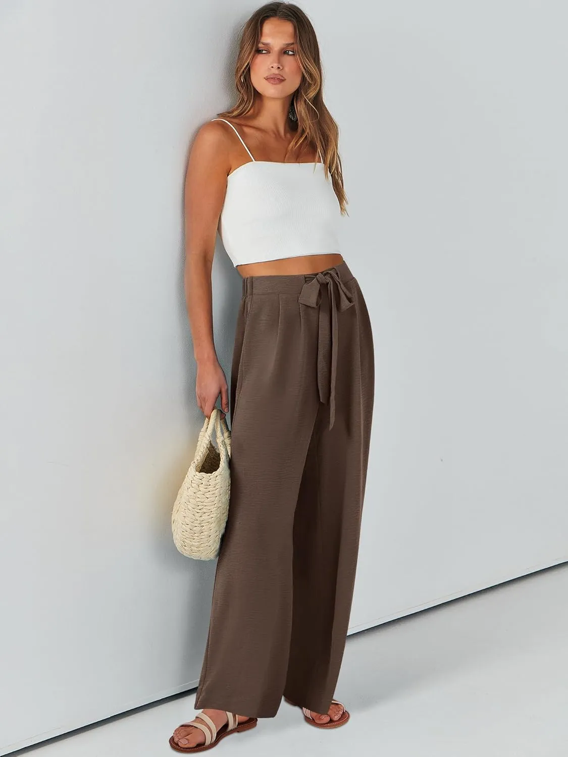 Caracilia Women Wide Leg Palazzo Pants Summer High Waist Flowy Casual Trousers Loose Lounge Beach Travel Vacation Clothes