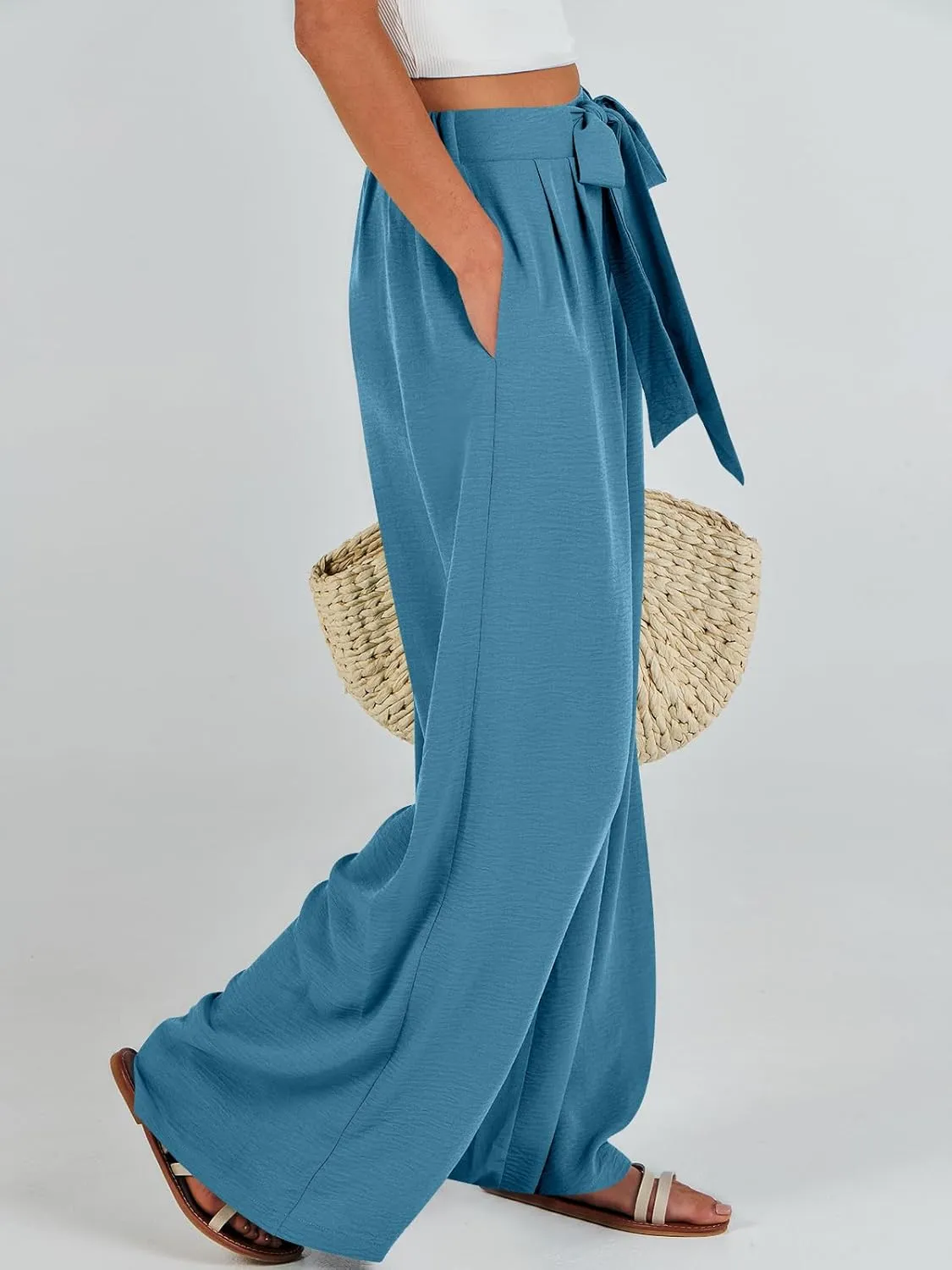 Caracilia Women Wide Leg Palazzo Pants Summer High Waist Flowy Casual Trousers Loose Lounge Beach Travel Vacation Clothes