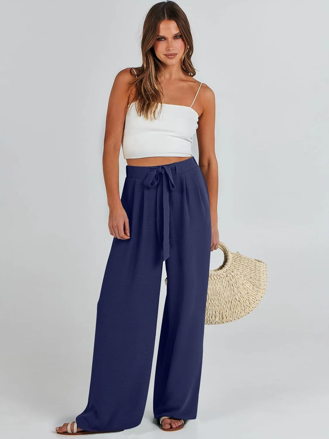 Caracilia Women Wide Leg Palazzo Pants Summer High Waist Flowy Casual Trousers Loose Lounge Beach Travel Vacation Clothes