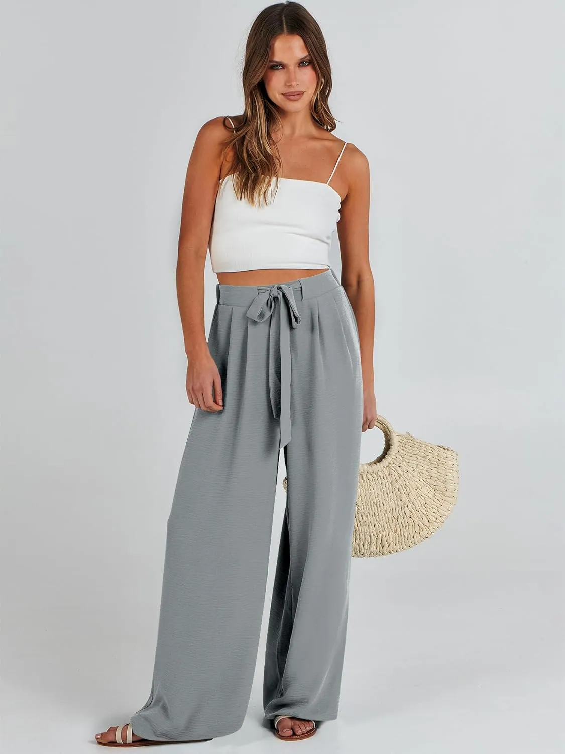 Caracilia Women Wide Leg Palazzo Pants Summer High Waist Flowy Casual Trousers Loose Lounge Beach Travel Vacation Clothes