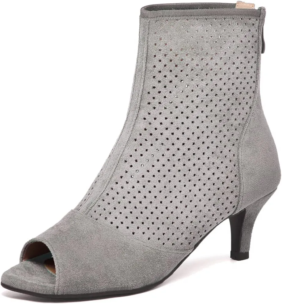 Caradise Womens Low Kitten Heel Perforated Booties Summer Zip Peep Toe Boots