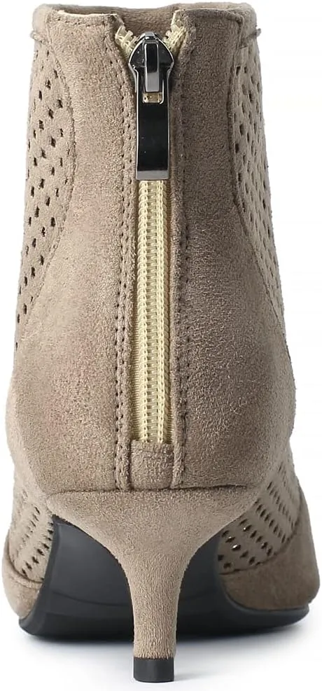 Caradise Womens Low Kitten Heel Perforated Booties Summer Zip Peep Toe Boots