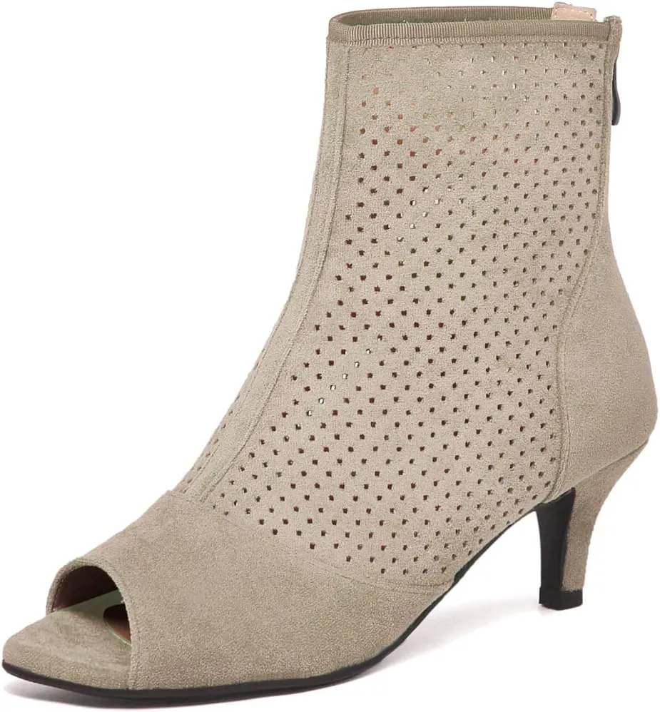Caradise Womens Low Kitten Heel Perforated Booties Summer Zip Peep Toe Boots