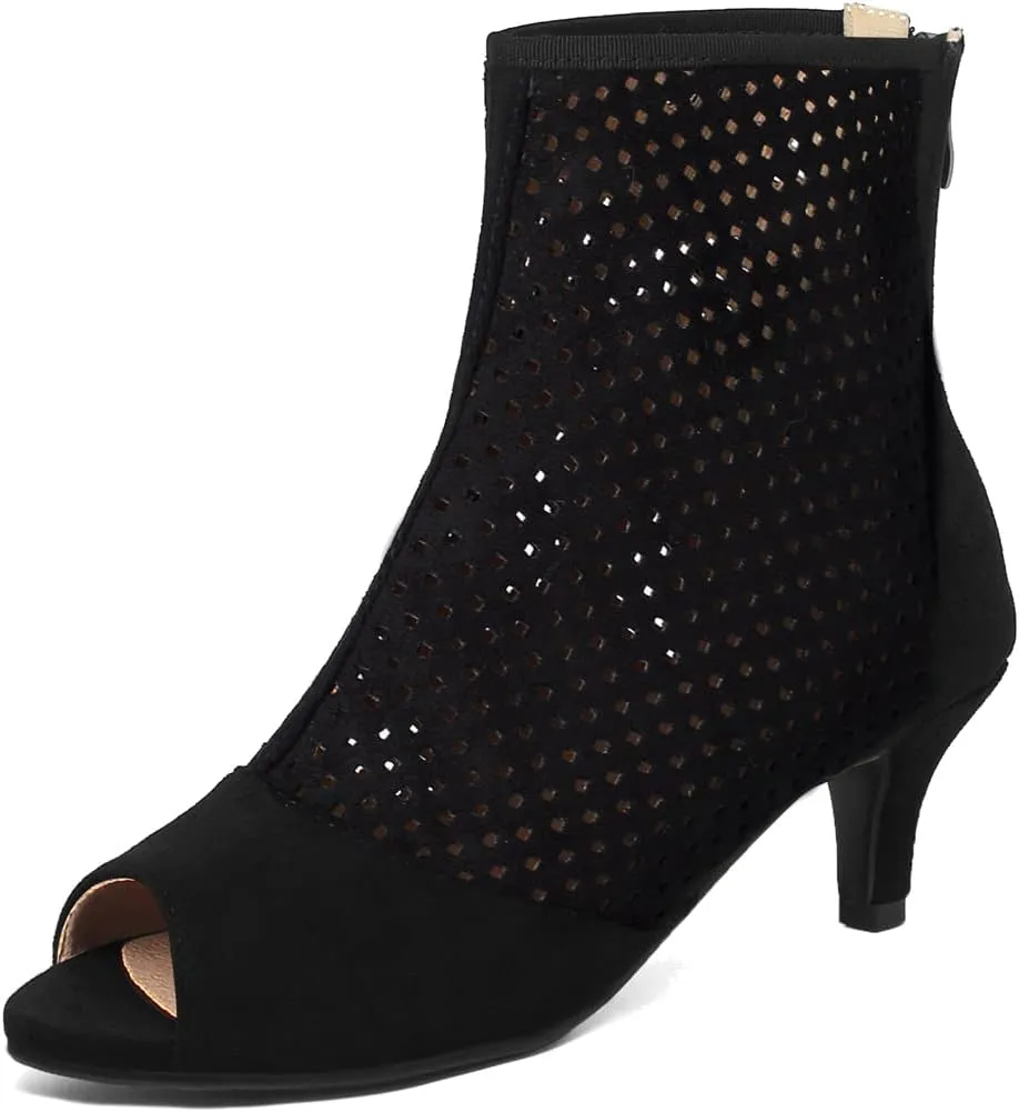 Caradise Womens Low Kitten Heel Perforated Booties Summer Zip Peep Toe Boots