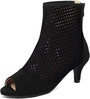 Caradise Womens Low Kitten Heel Perforated Booties Summer Zip Peep Toe Boots