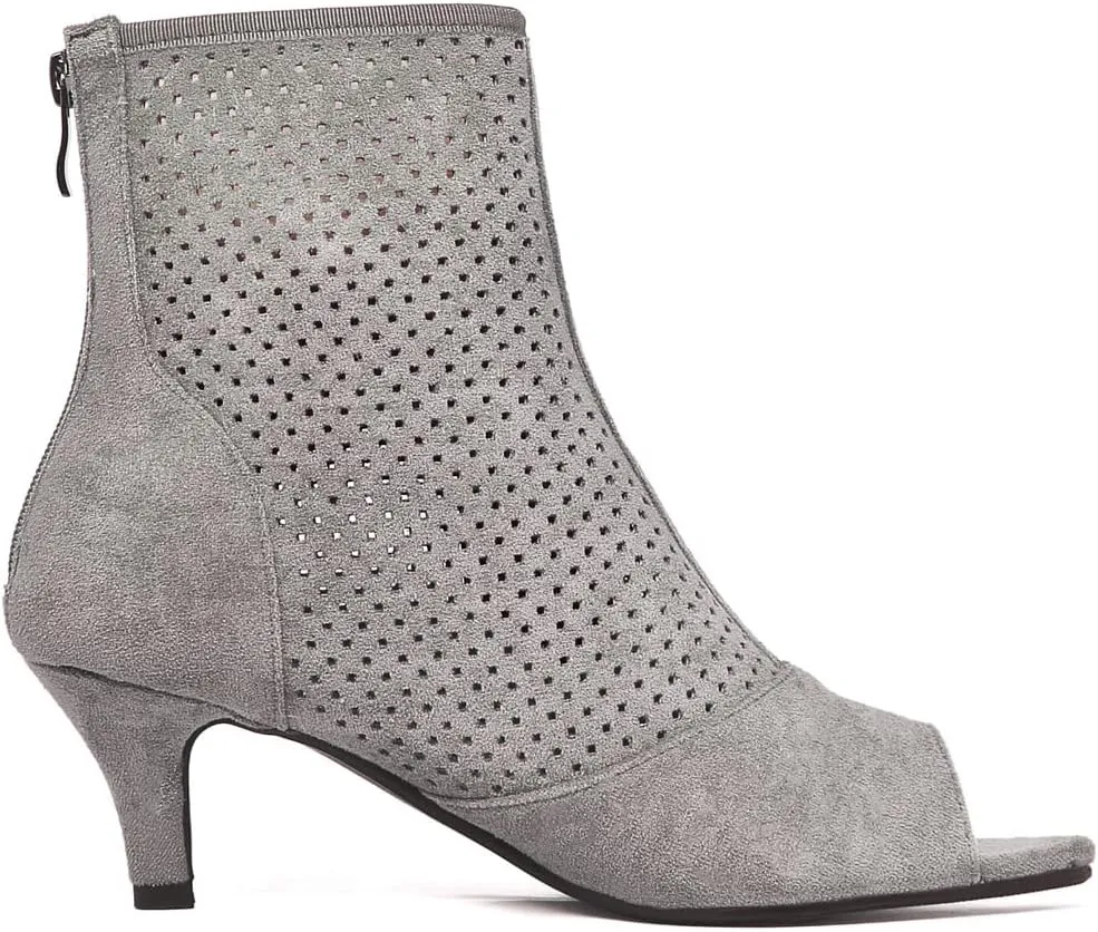 Caradise Womens Low Kitten Heel Perforated Booties Summer Zip Peep Toe Boots