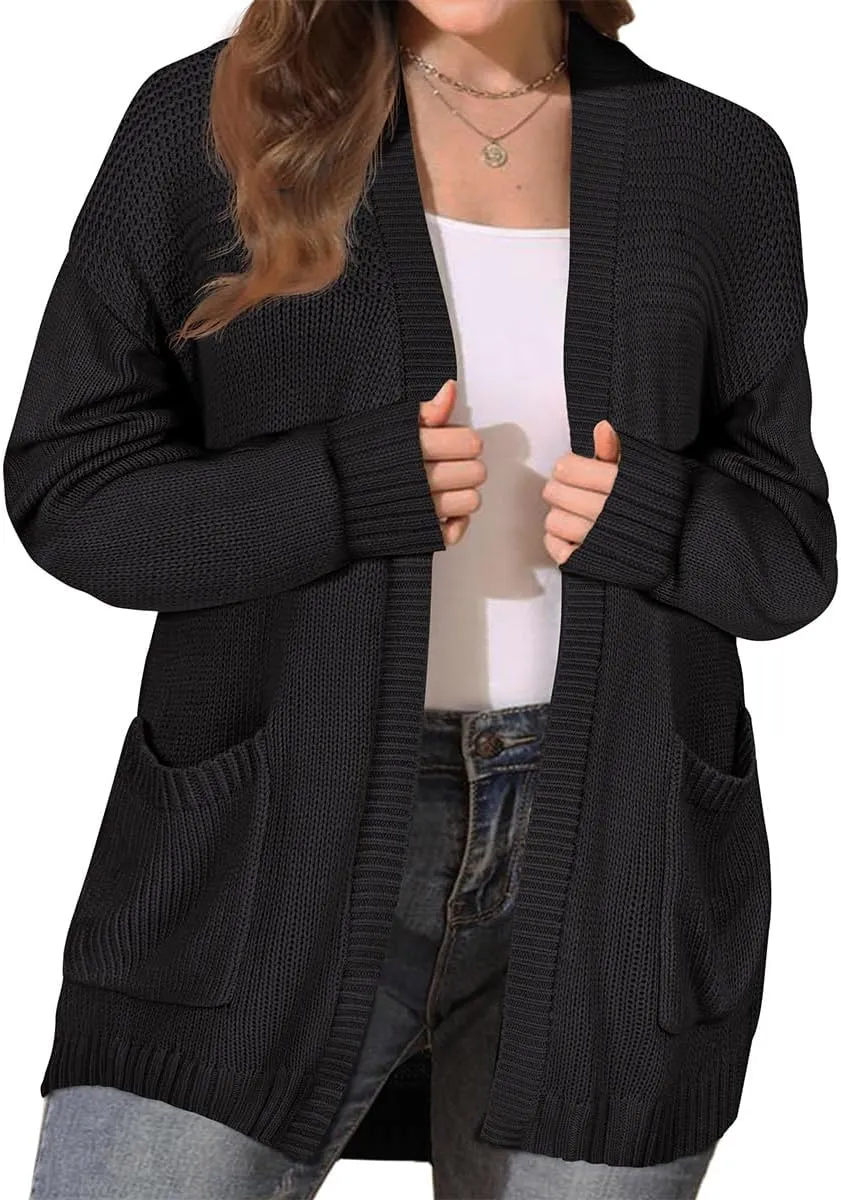 CARCOS Plus Size Cardigan Sweaters for Women Open Front Long Sleeve Oversized Winter Knit Cardigan Coats Pockets XL-3XL