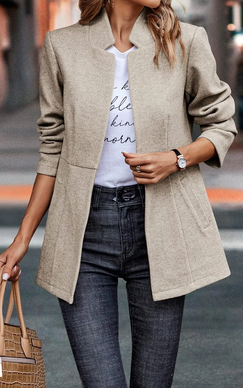 CCTOO Women's Coat Casual Open Front Blazer Long Sleeve Stand Collar Solid Trench Business Work Office Jacket Outwear