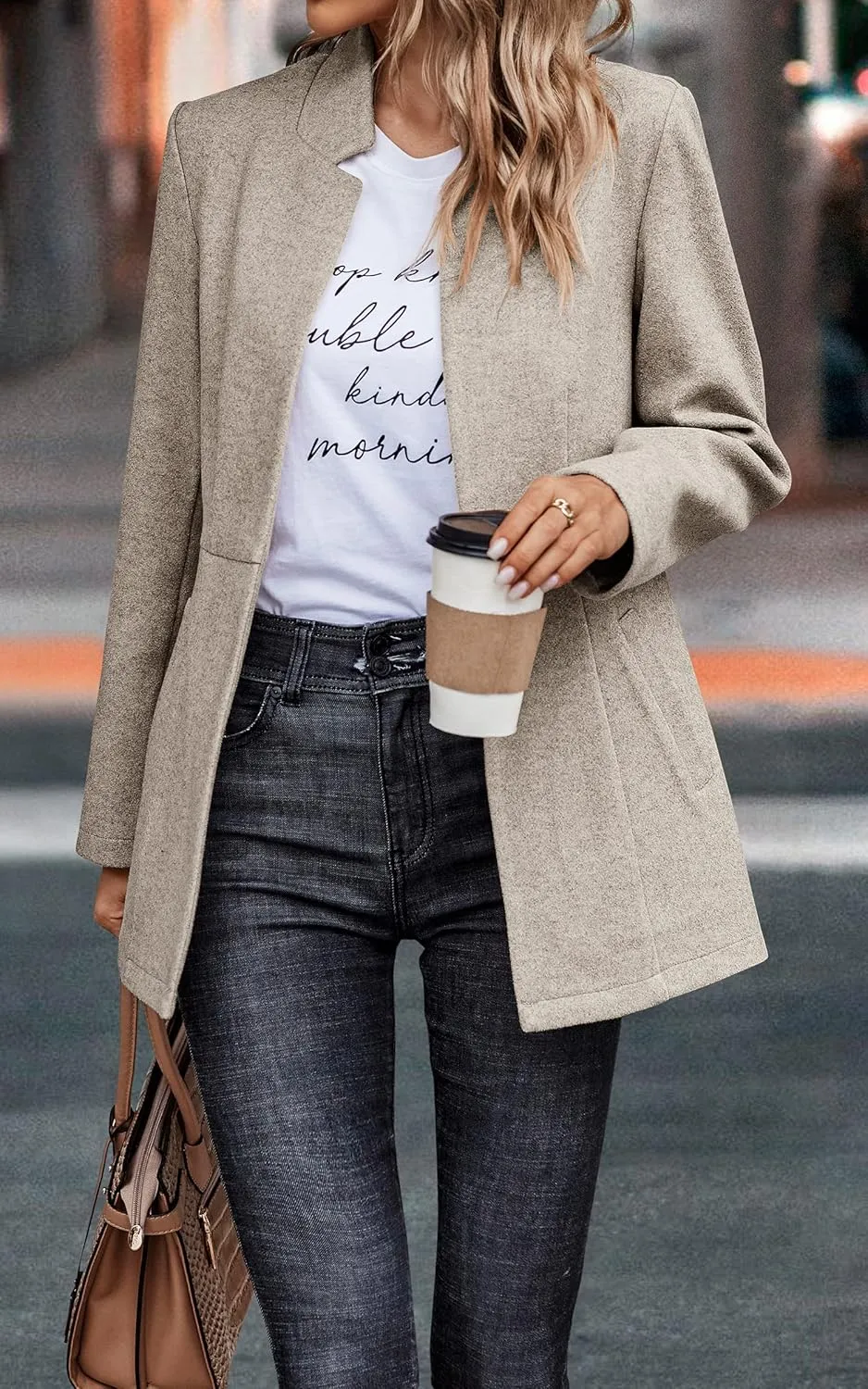 CCTOO Women's Coat Casual Open Front Blazer Long Sleeve Stand Collar Solid Trench Business Work Office Jacket Outwear