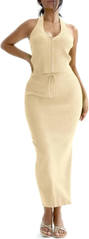 CHERFLY Womens 2 Piece Outfits 2025 Summer Sweater Skirt Sets Halter Top Midi Bodycon Dress