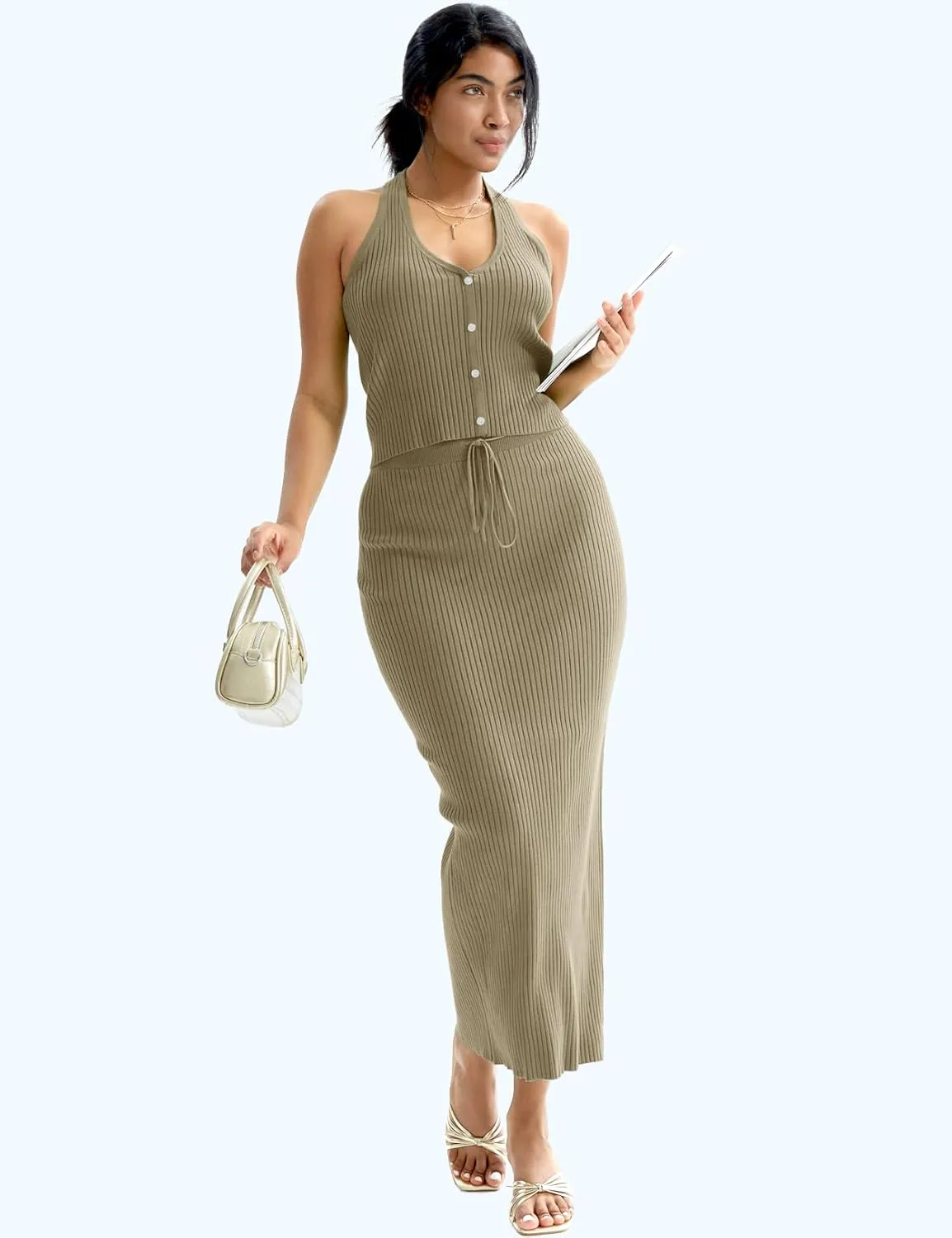 CHERFLY Womens 2 Piece Outfits 2025 Summer Sweater Skirt Sets Halter Top Midi Bodycon Dress