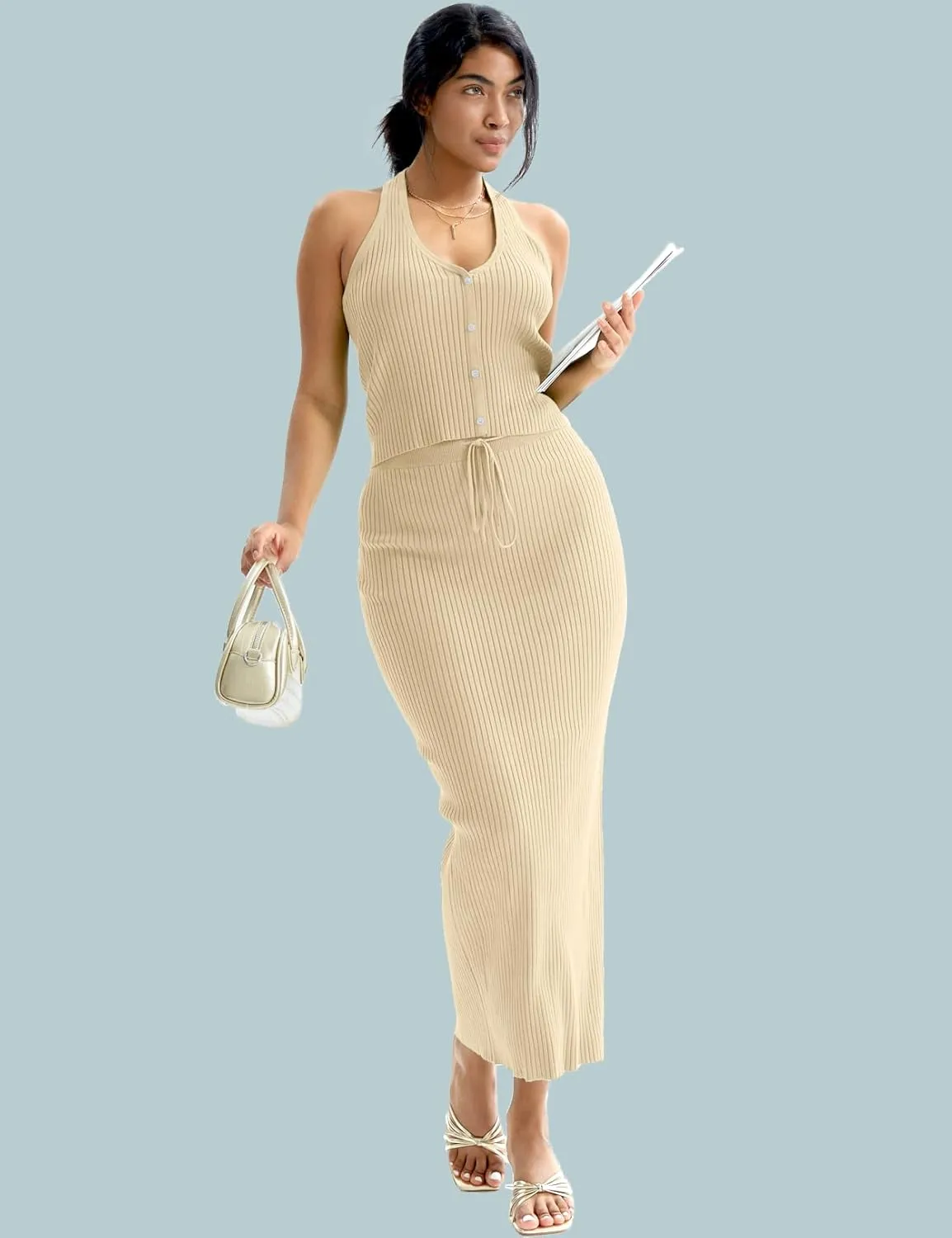 CHERFLY Womens 2 Piece Outfits 2025 Summer Sweater Skirt Sets Halter Top Midi Bodycon Dress