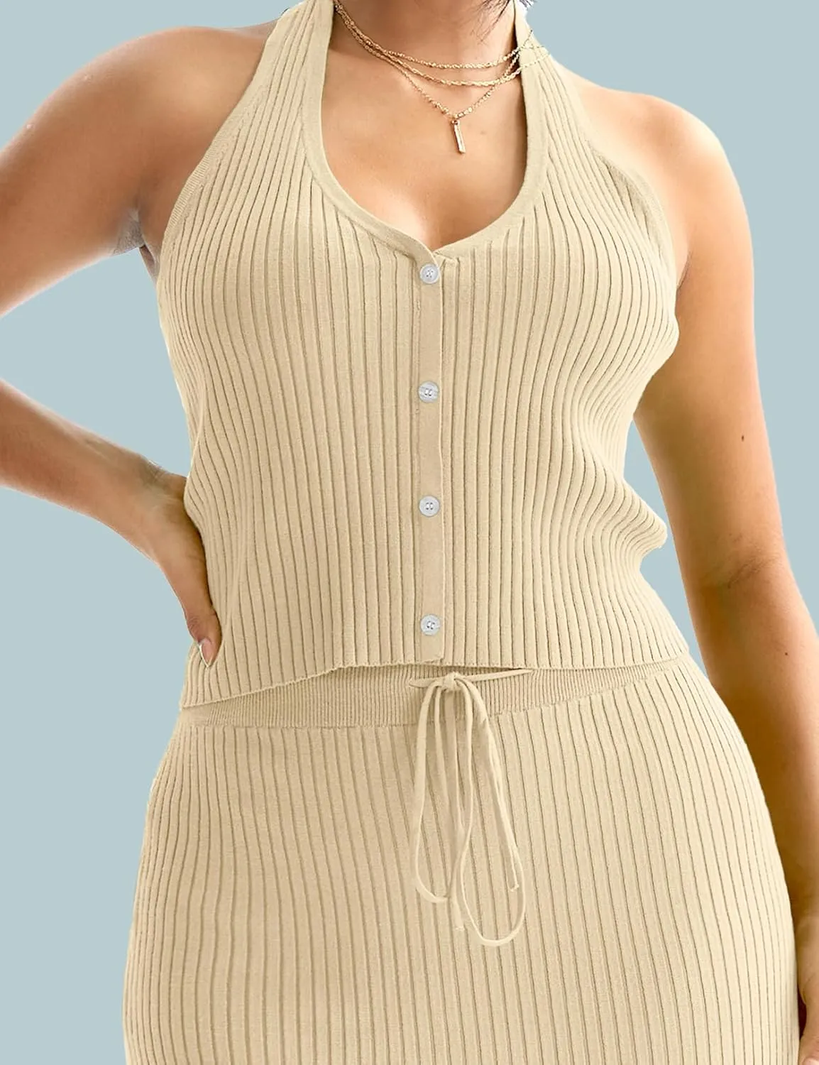 CHERFLY Womens 2 Piece Outfits 2025 Summer Sweater Skirt Sets Halter Top Midi Bodycon Dress