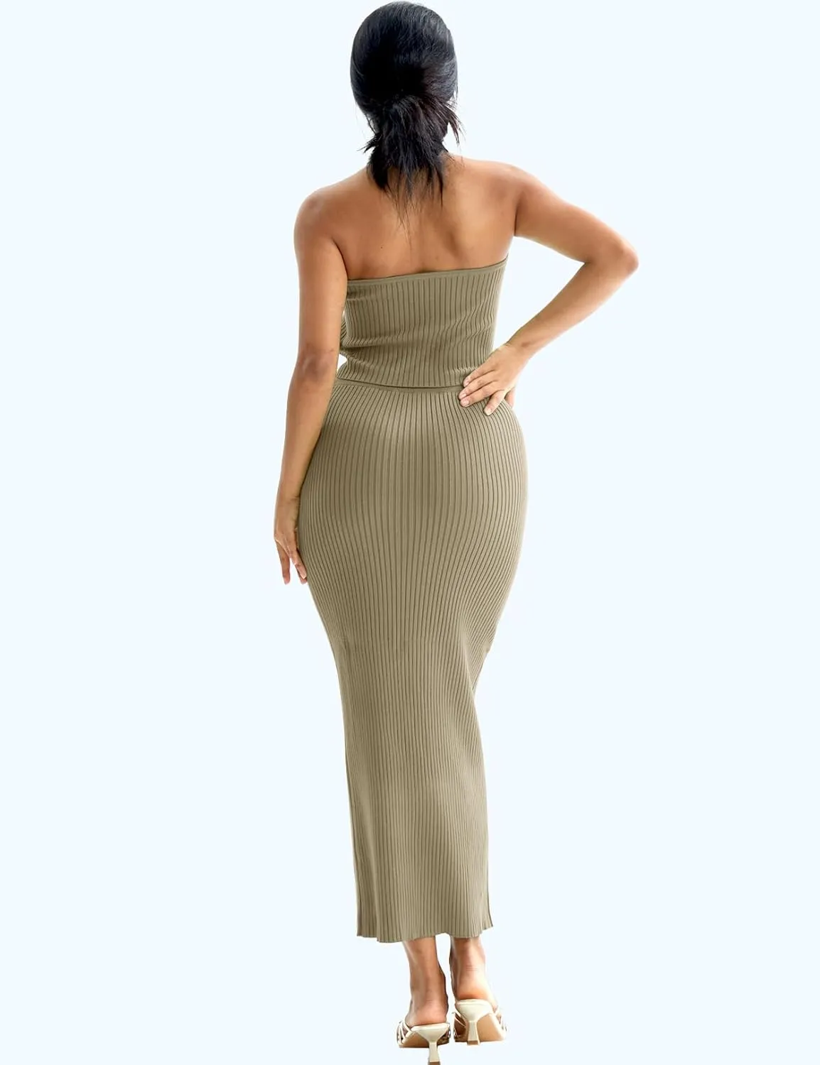 CHERFLY Womens 2 Piece Outfits 2025 Summer Sweater Skirt Sets Halter Top Midi Bodycon Dress