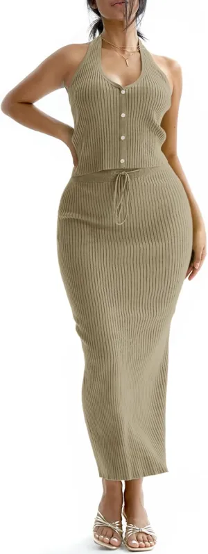 CHERFLY Womens 2 Piece Outfits 2025 Summer Sweater Skirt Sets Halter Top Midi Bodycon Dress